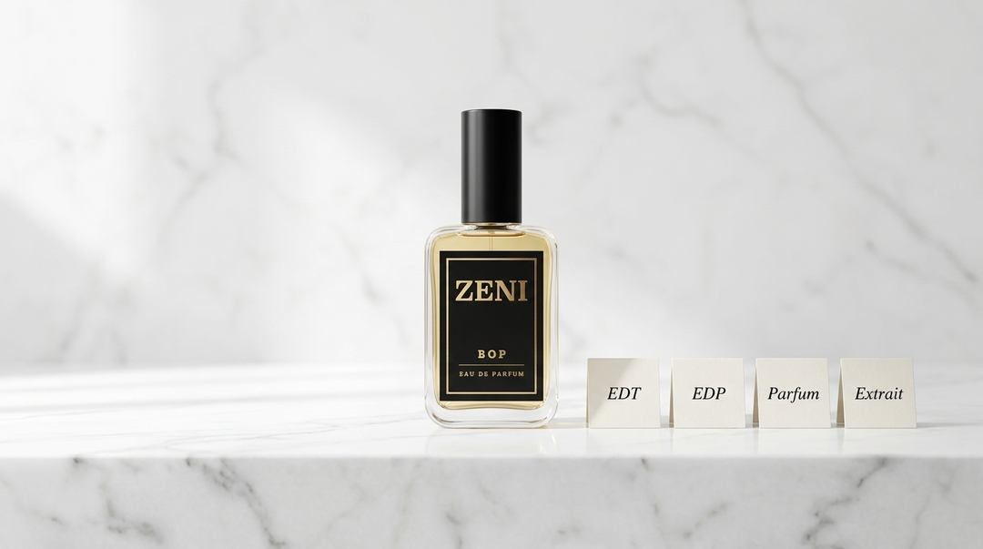 ZENI BOP perfume sobre mármol blanco con etiquetas EDT EDP Parfum - guía de concentraciones
