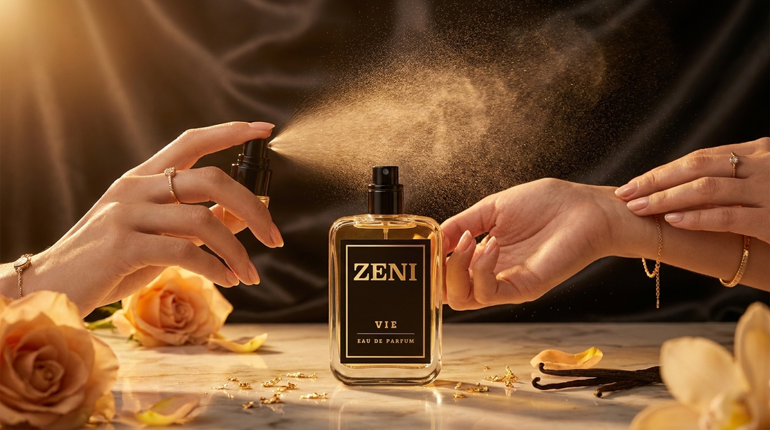 ZENI VIE perfume con spray visible en el aire - trucos para que el perfume dure más