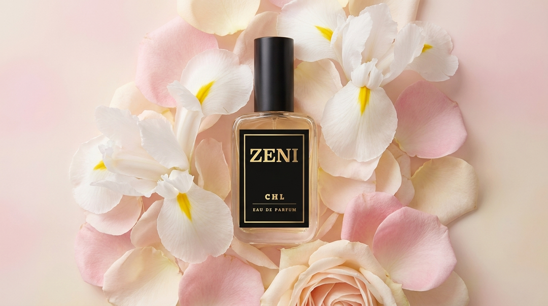ZENI CHL perfume inspirado en Chloé entre pétalos de iris blancos - tendencia skin scent 2026