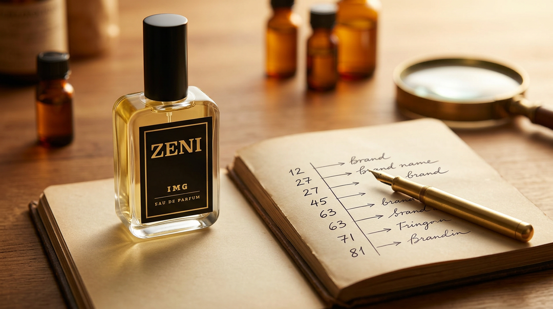 Cuaderno de equivalencias de perfumes por números junto a un frasco ZENI