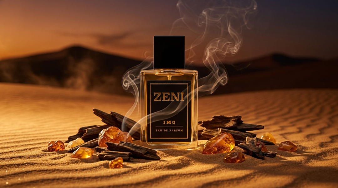 Frasco ZENI de la equivalencia de Ombre Nomade sobre dunas doradas al atardecer con humo de oud y ámbar