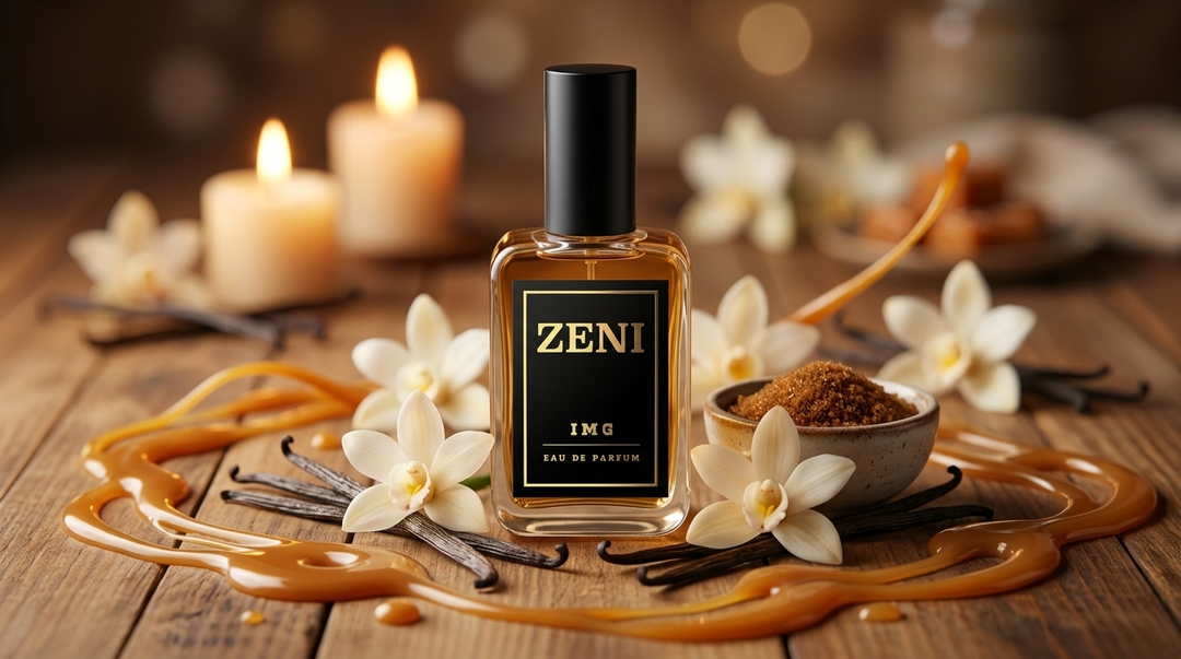 Frasco ZENI rodeado de vainas de vainilla, caramelo y flores de orquídea sobre madera cálida