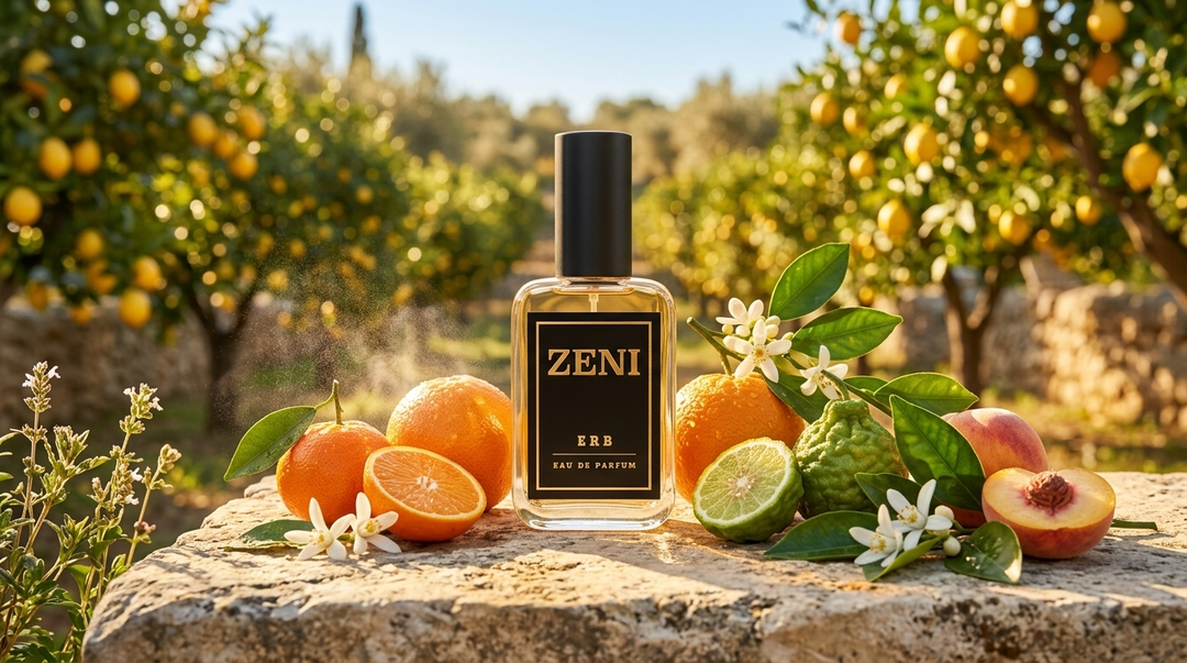 Frasco ERB de ZENI, equivalencia de Erba Pura de Xerjoff, entre naranjas, mandarinas y jazmín en un jardín italiano al atardecer