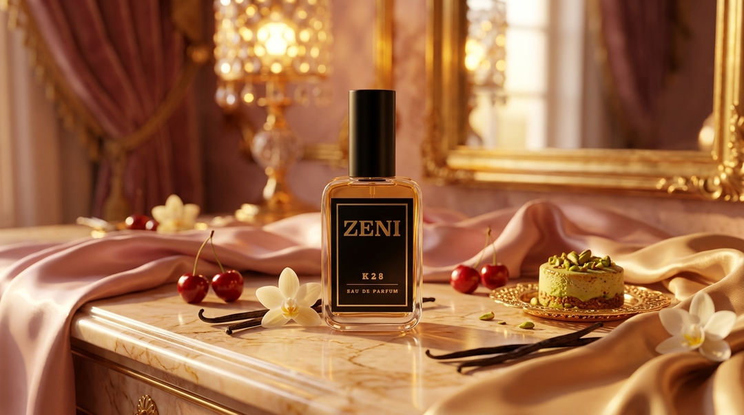 Frasco K28 de ZENI, equivalencia de Vanilla 28 de Kayali, sobre mármol dorado con vainas de vainilla, cerezas y pistacho en un tocador glam