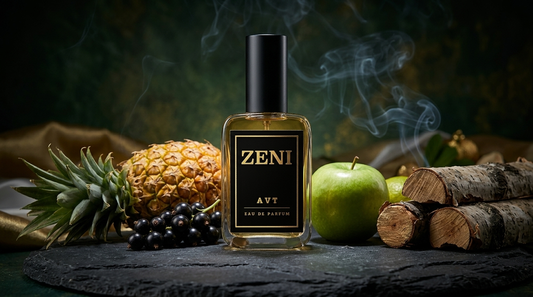 Frasco AVT de ZENI, equivalencia de Aventus de Creed, sobre pizarra oscura con piña, grosellas negras y madera de abedul ahumada