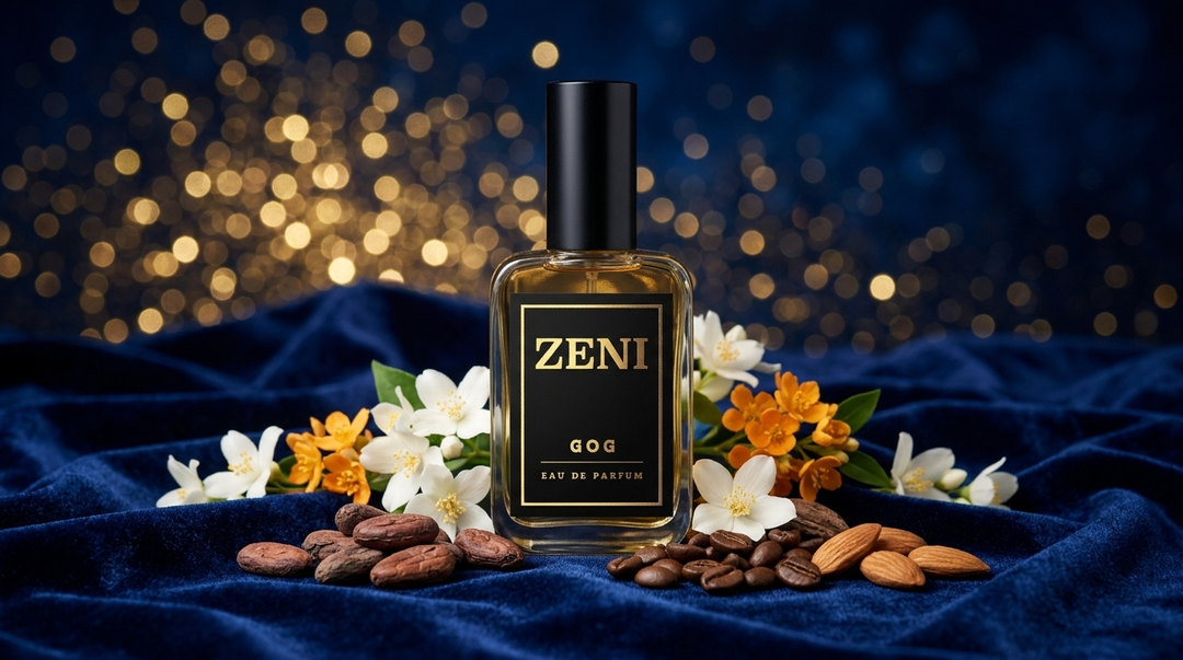 Frasco GOG de ZENI, equivalencia de Good Girl de Carolina Herrera, sobre terciopelo azul noche con jazmín, cacao, café y almendras
