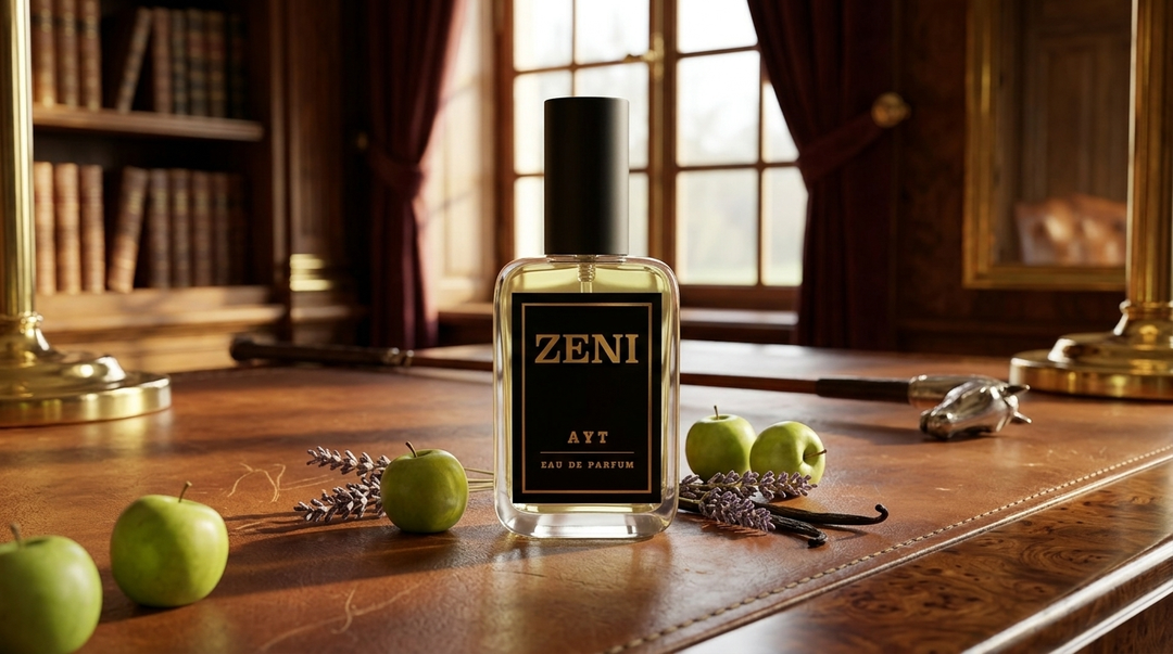 Frasco AYT de ZENI, equivalencia de Layton de Parfums de Marly, sobre cuero y madera noble con manzanas verdes y lavanda en una biblioteca ecuestre