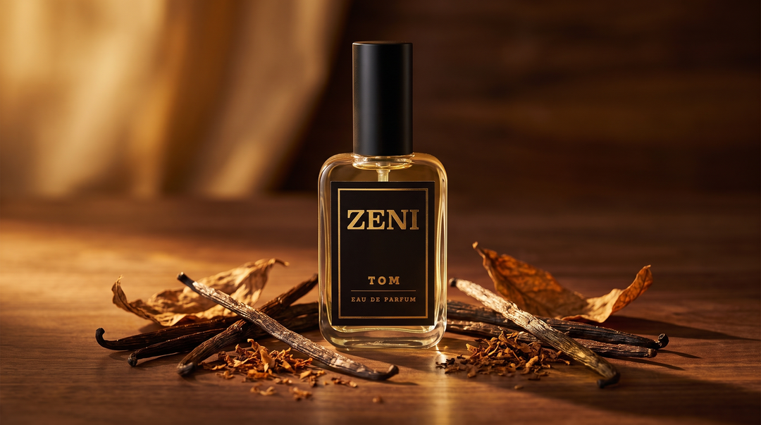 Perfume de equivalencia Zeni Ambient sobre madera oscura con vainas de vainilla y tabaco